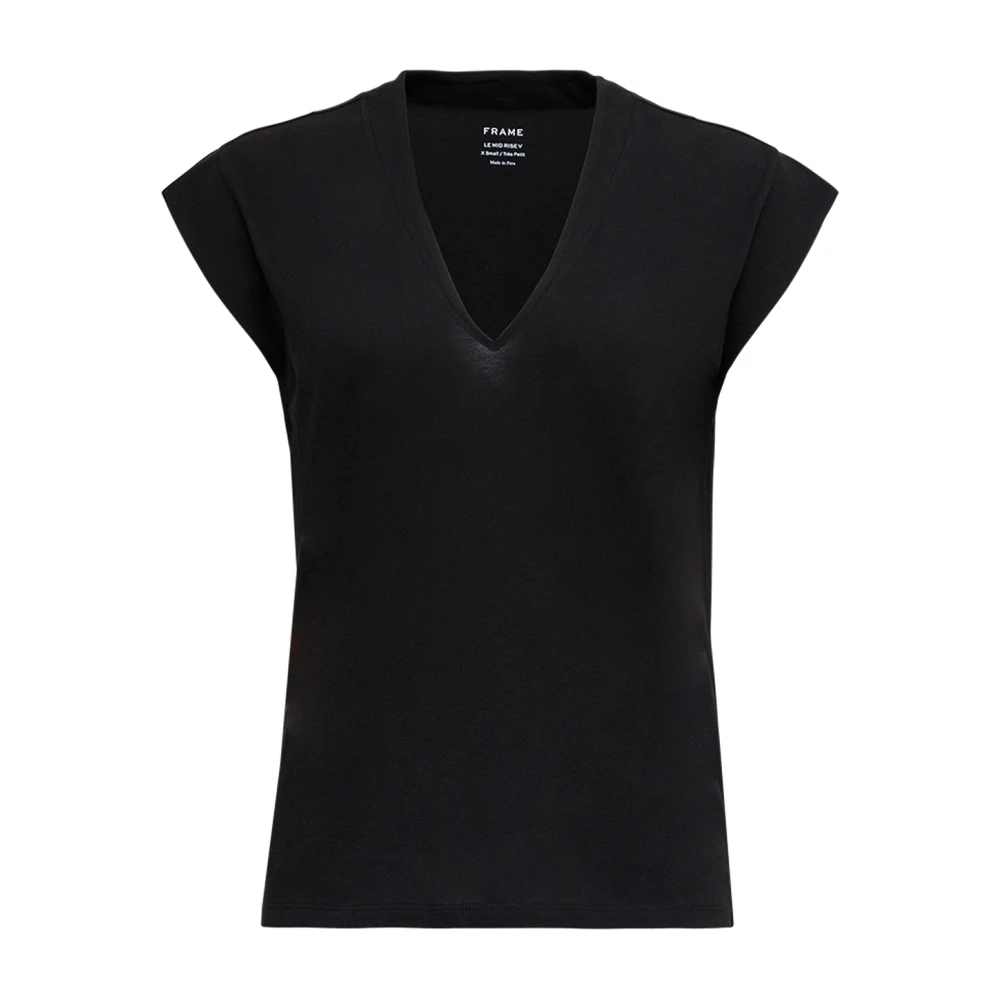 Frame Zwart V-hals Katoenen T-shirt Korte mouwen Black Dames