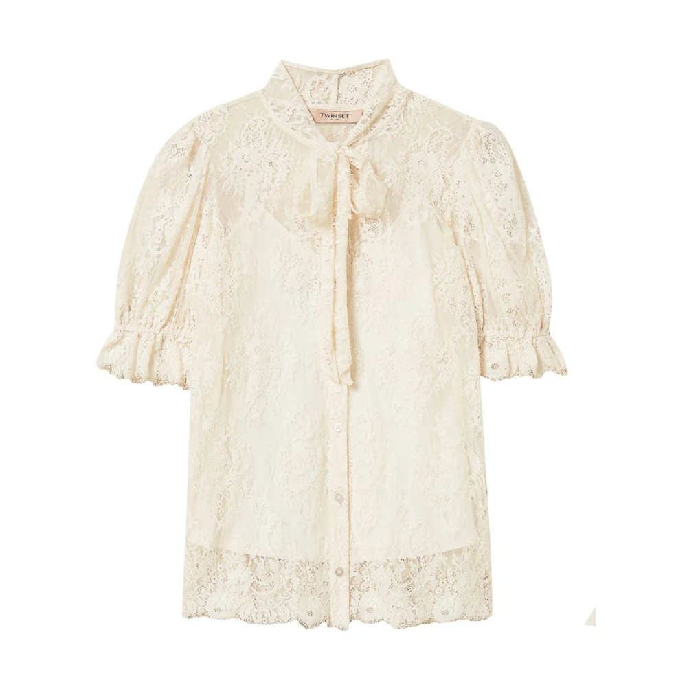 Twinset Women's Beige Blouses, L, Lace Bow Collar Shirt