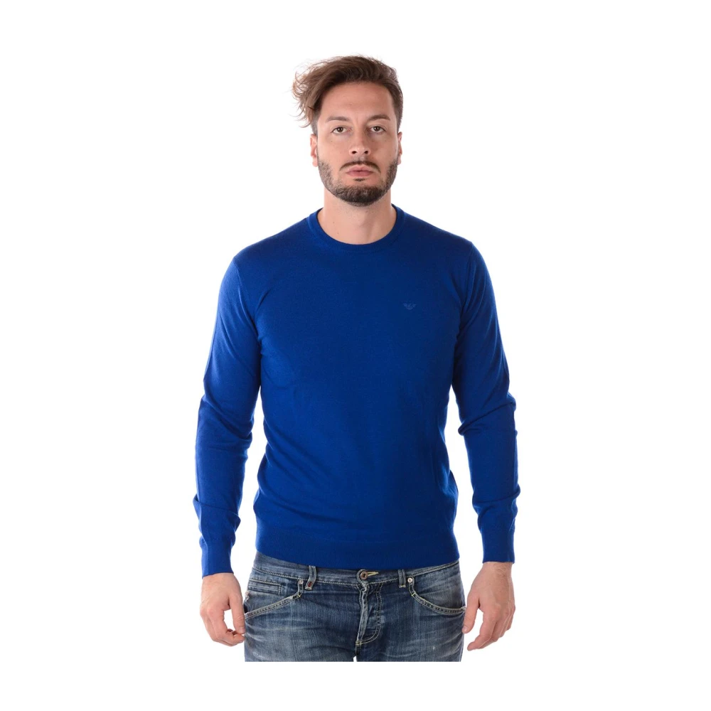Emporio Armani Men's Blue Round-Neck Knitwear, L, Cozy Knit Jumper Pullover