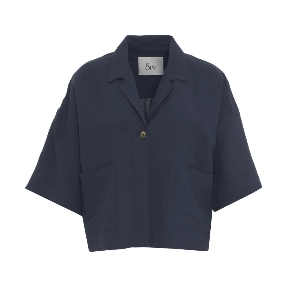 8pm Blauwe Linnen Blend Blouse met Zakken Blue Dames