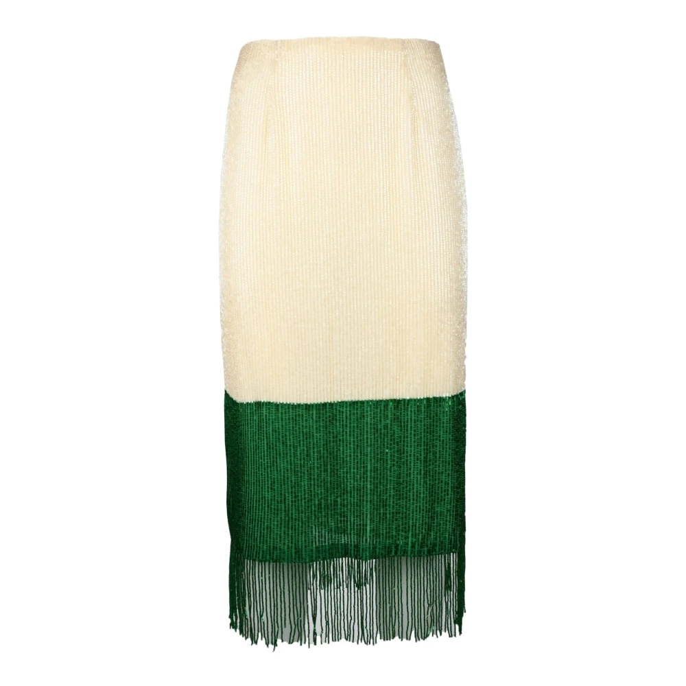 Elisabetta Franchi Wit en Groen Kralen Franje Midi Rok Beige Dames