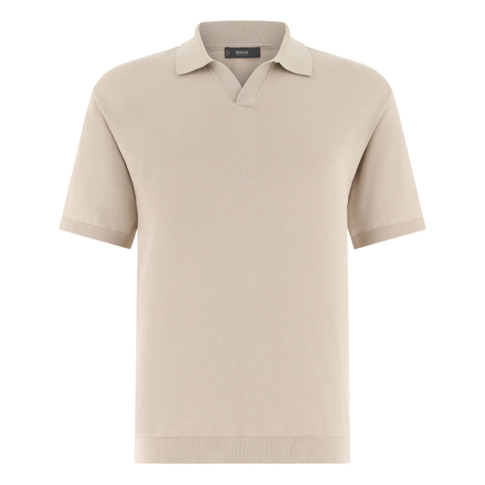 Boggi Milano Mannelijk Beige Tops Heren, 2XL, Katoen, Gebreide Poloshirt Met Open Hals