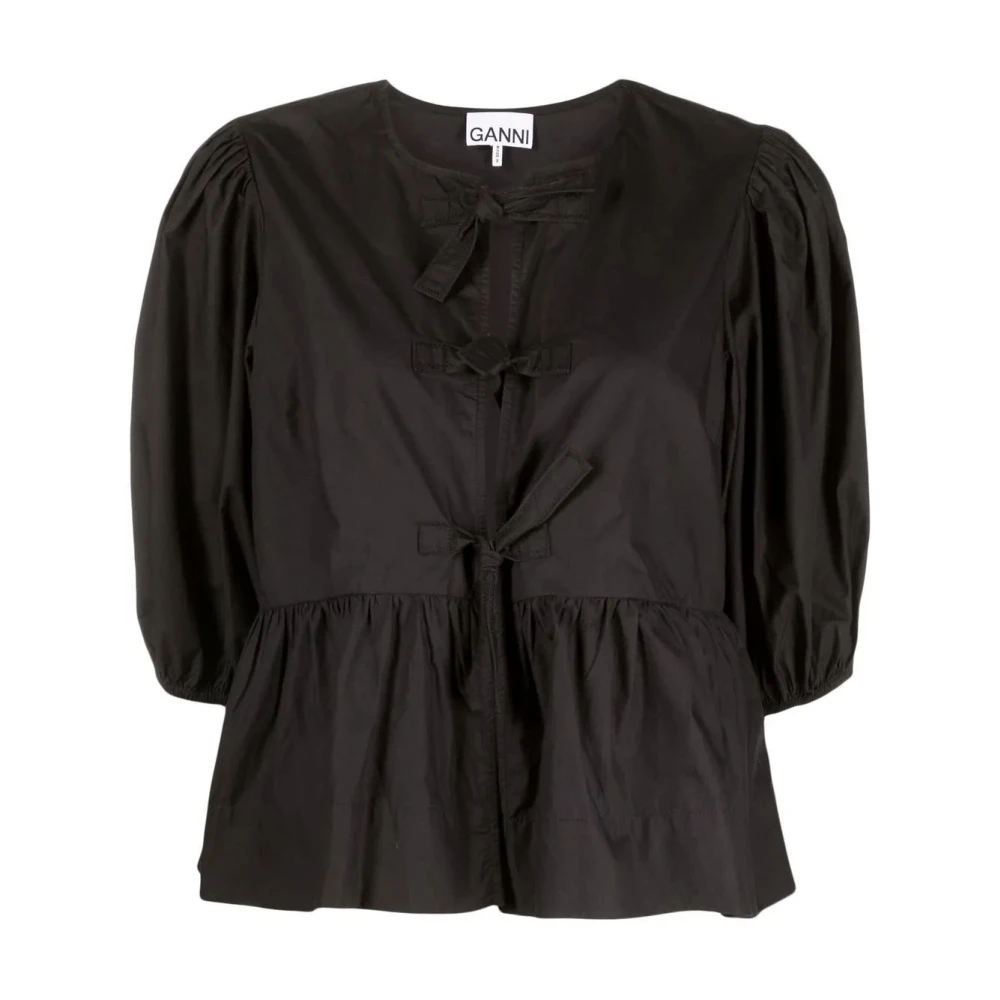 Ganni Women's Black Blouses, Xs, Cotton Poplin Peplum Tie Blouse