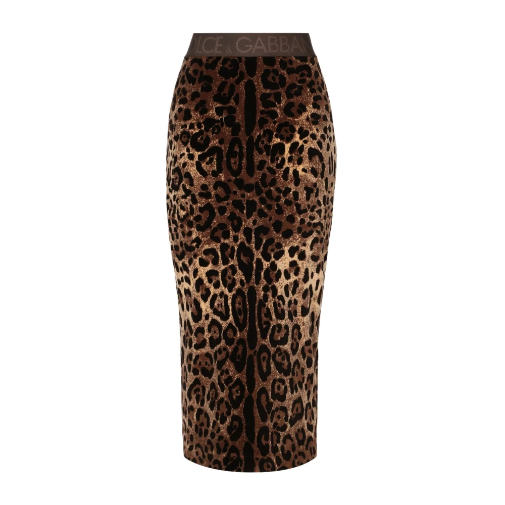 Dolce & Gabbana Leopard Print Chenille Midi Rok Brown Dames