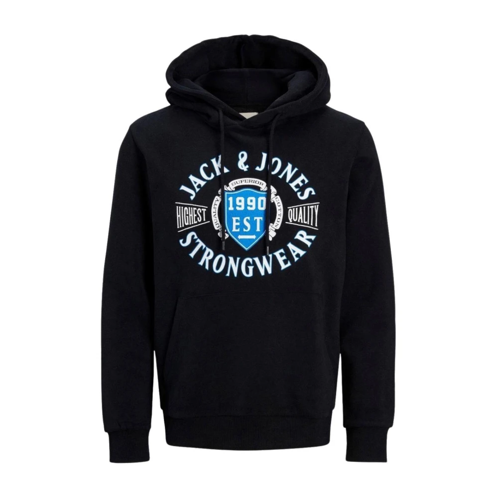 Jack & Jones Black Hoodies, Male, L, Denim Hoodie With Logo Print