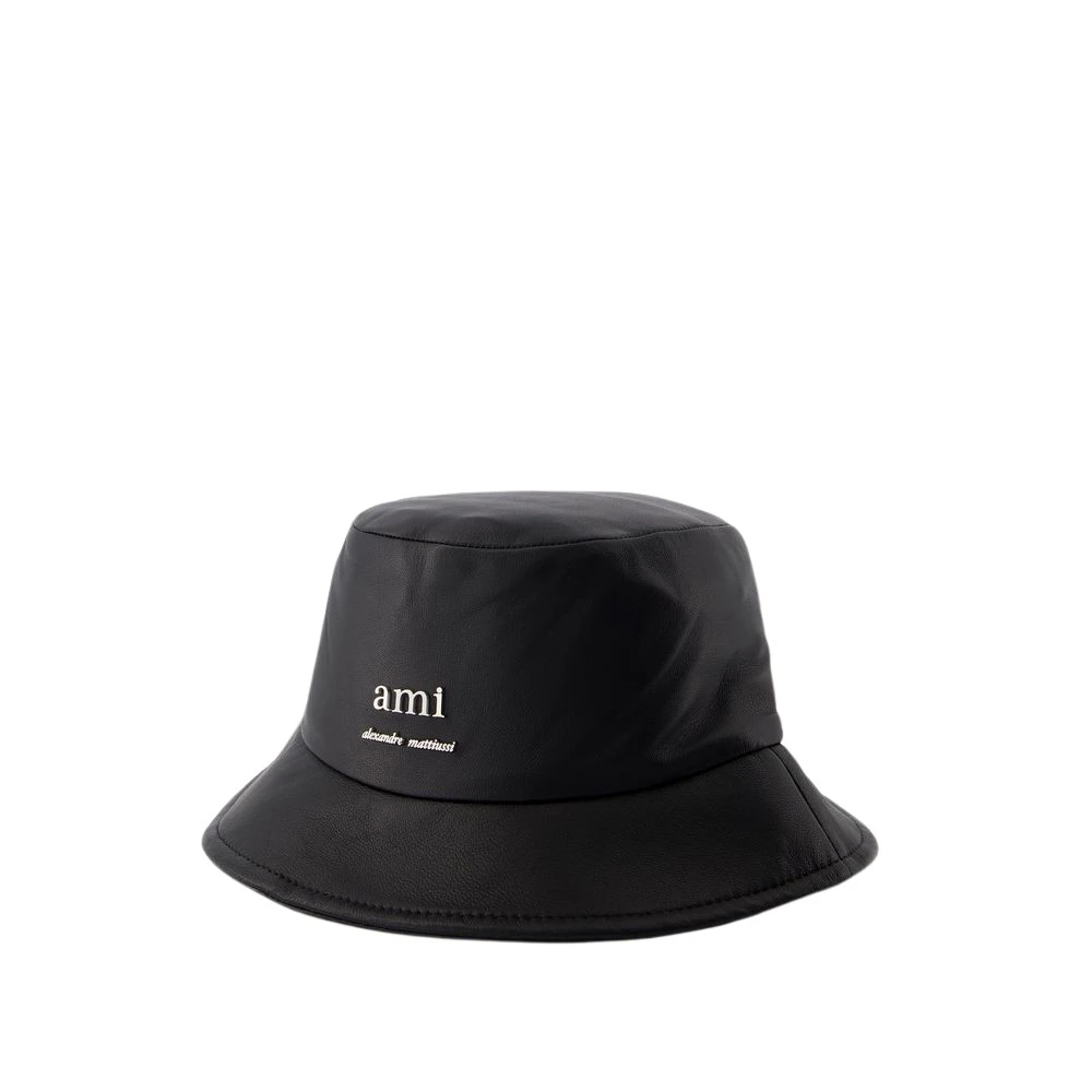 Ami Paris Zwarte Leren Bucket Hat met Messing Details Black Unisex