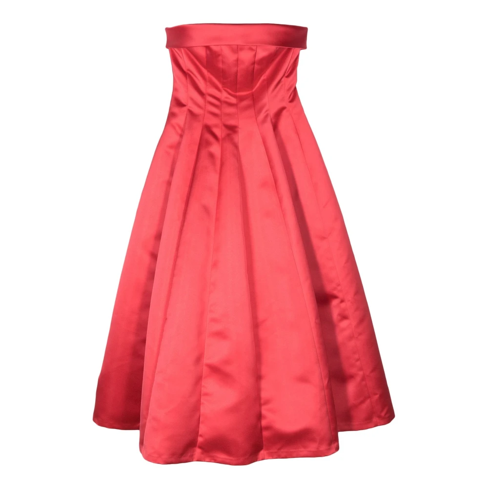 Rød Plissert Midi Kjole med Bustier-Stil Halsutringning