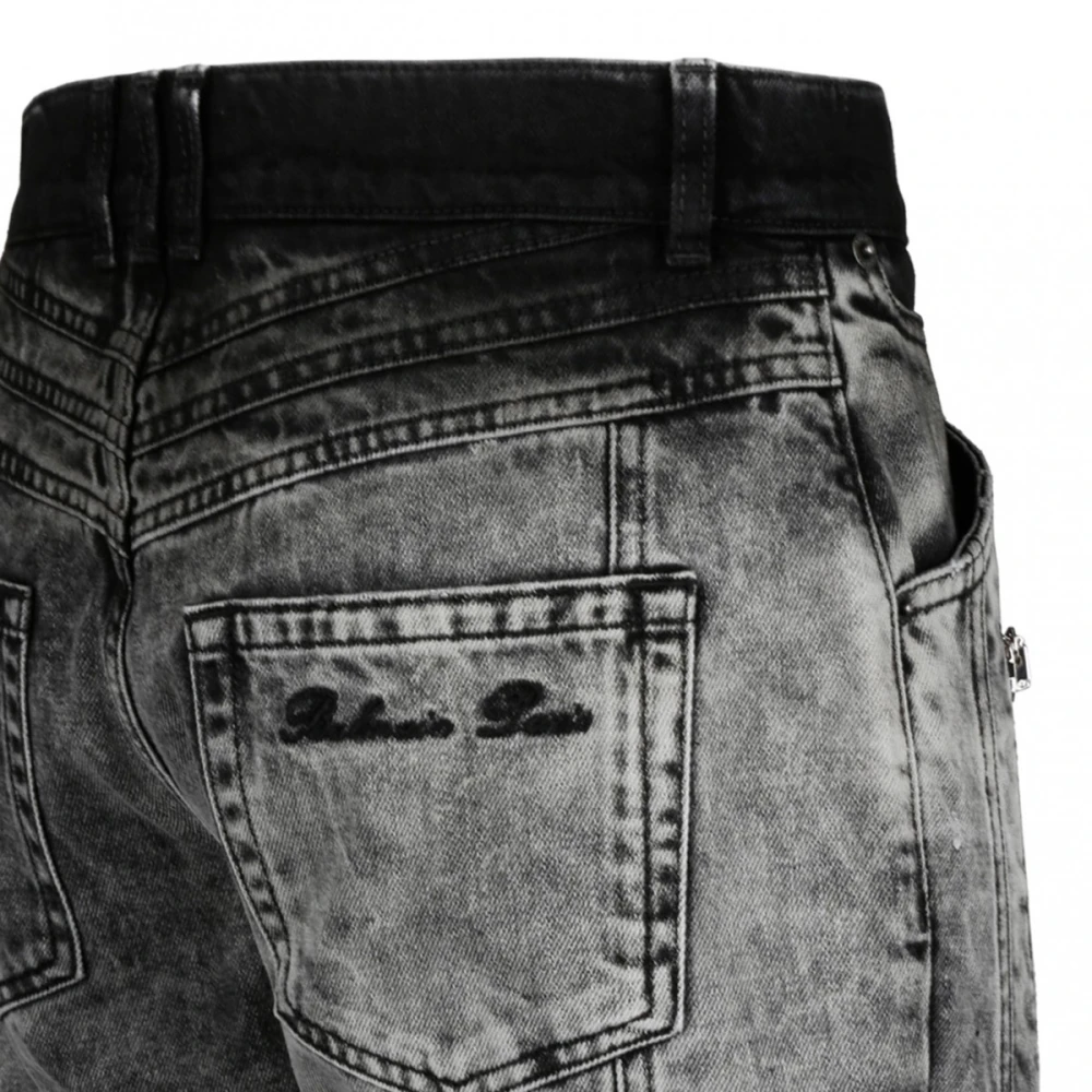 Balmain Donkergrijze Biker Jeans met Uitgesneden Details Black Heren