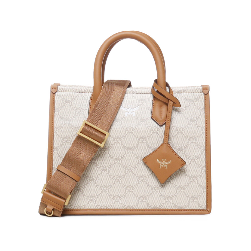 Beige Schoudertas met Leren Handvatten en Laurel Logo Motief MCM