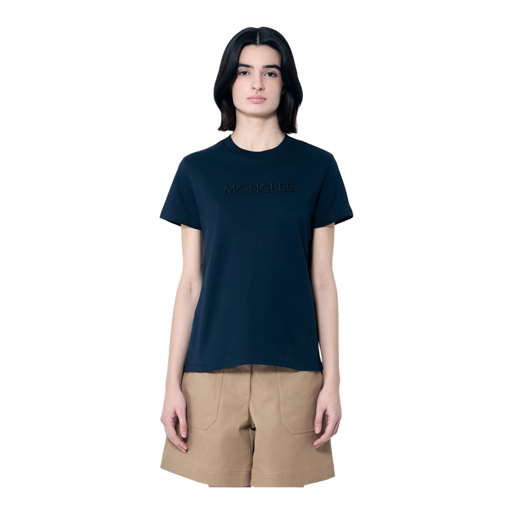 Moncler Katoenen Logo Motief Crewneck T-Shirt Blue Dames