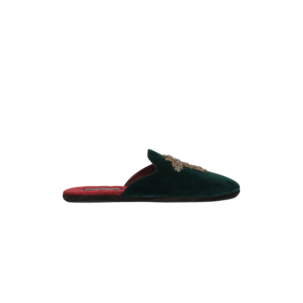 Dolce & Gabbana Uomo Verde Pantofole In Velluto Ricamato