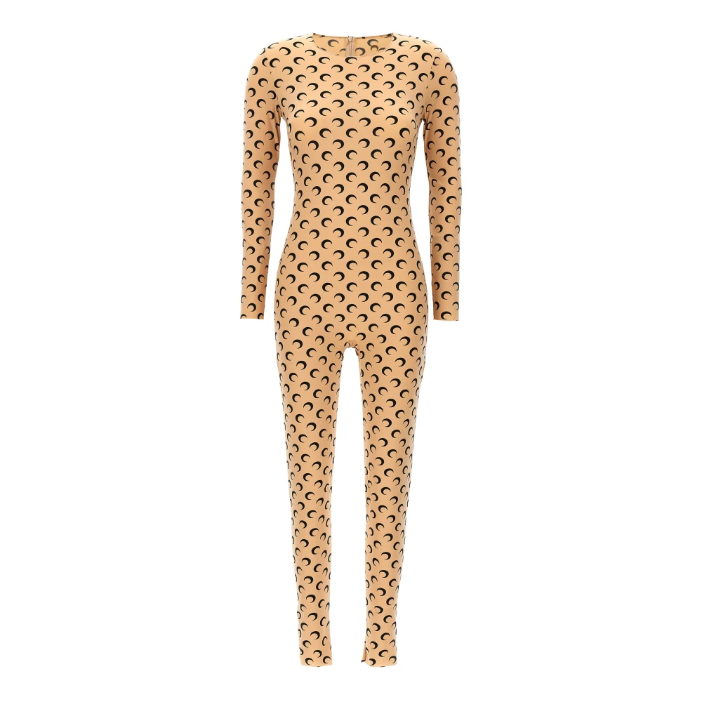 Marine Serre Women's Beige Jumpsuits, L, Moon Printed Stretch Fabric Catsuit