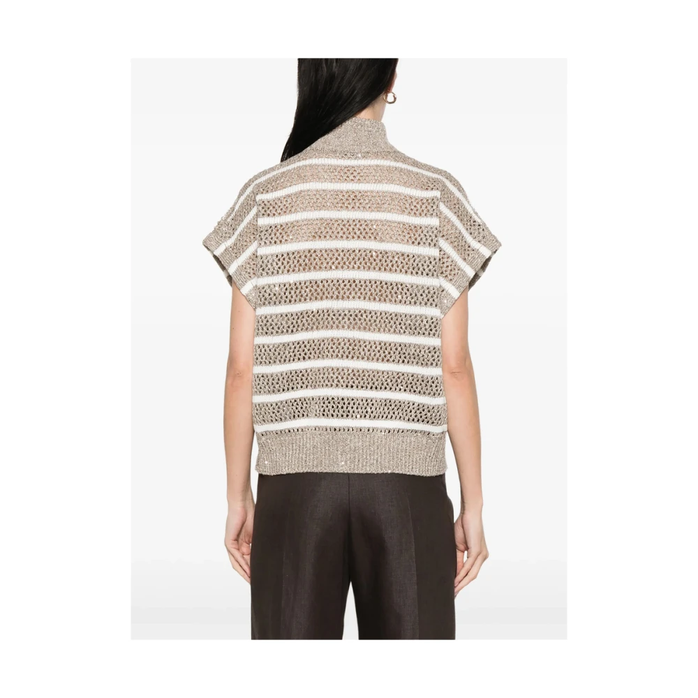 BRUNELLO CUCINELLI Beige Gestreepte Mouwloze Rits Sweater Brown Dames