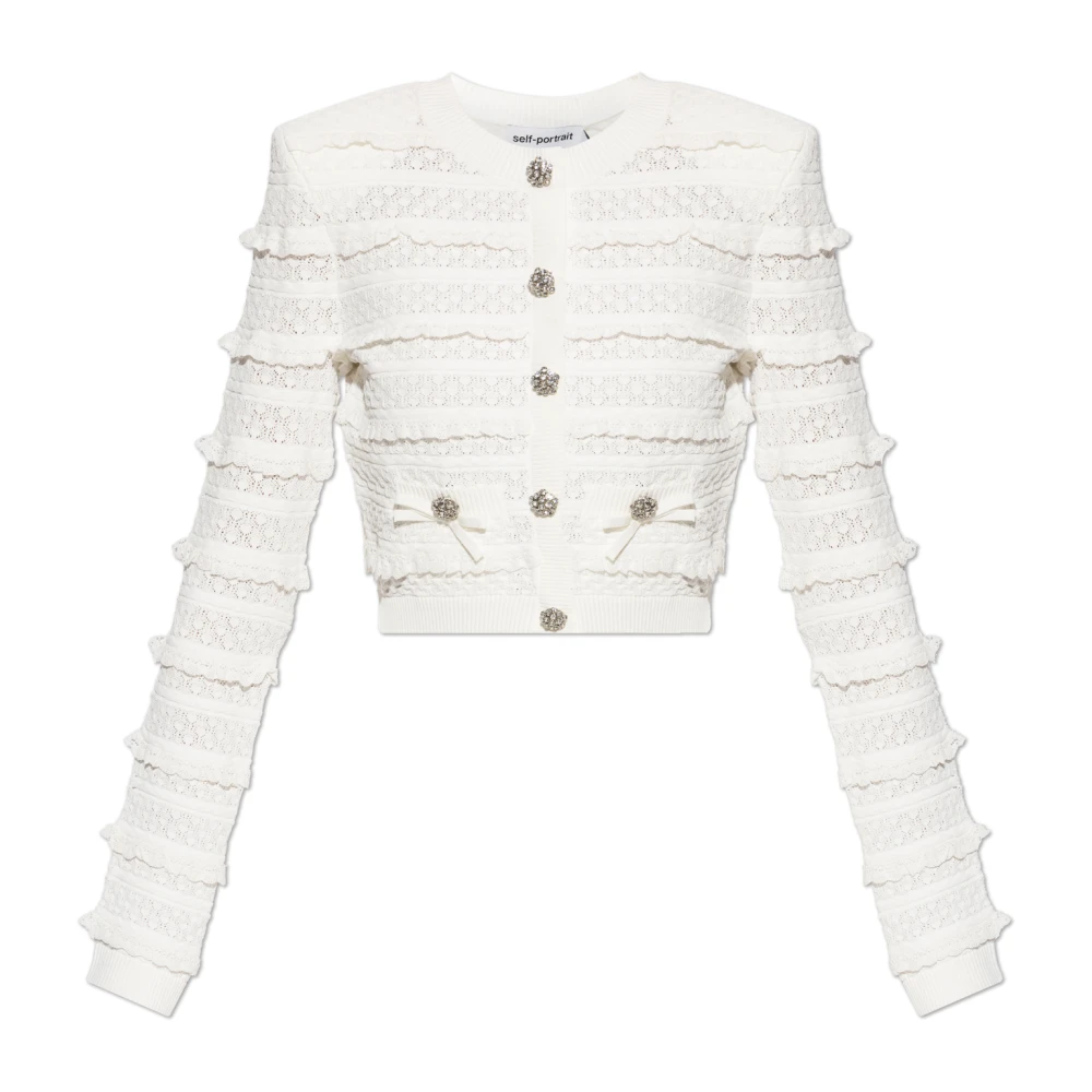 Self Portrait Women's White Cardigans, L, Cardigan With Lace Inserts