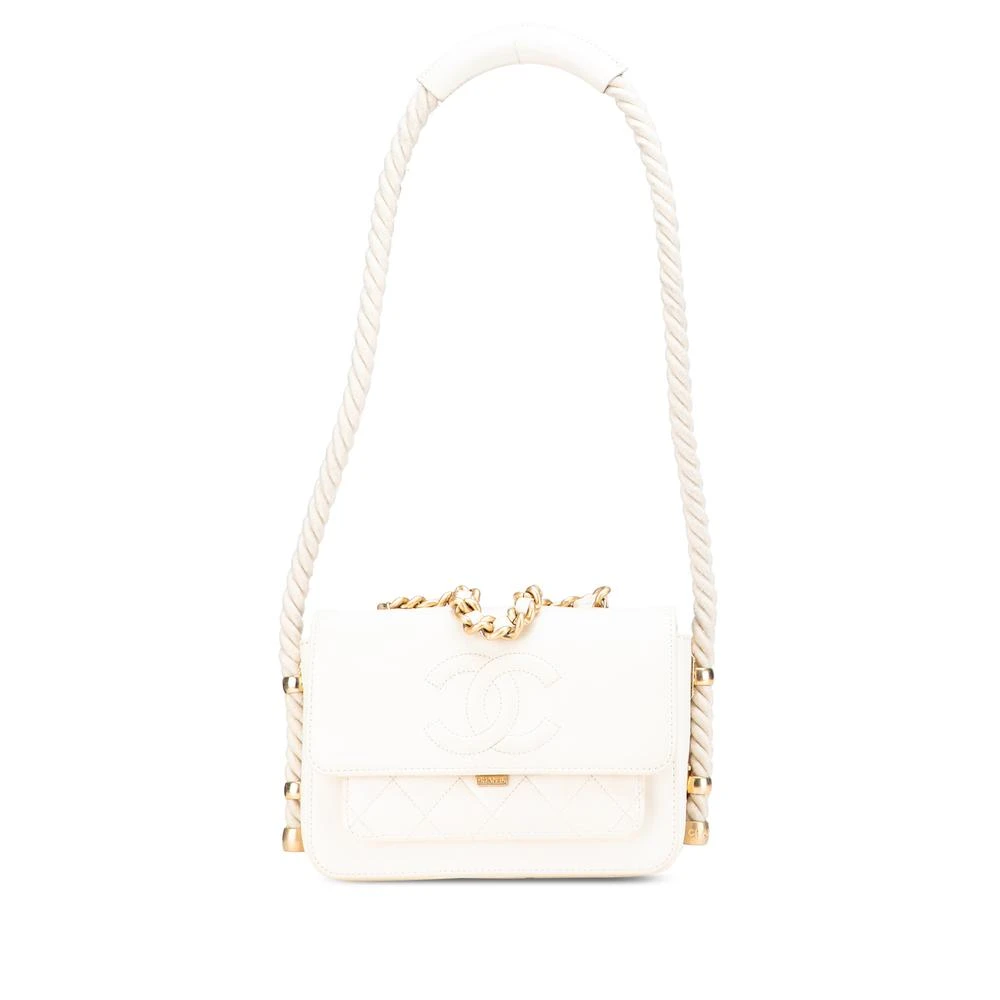 Chanel Vintage Women's White Pre-Owned Embossed Shoulder Bag With Chain And Rope Accent Handbag