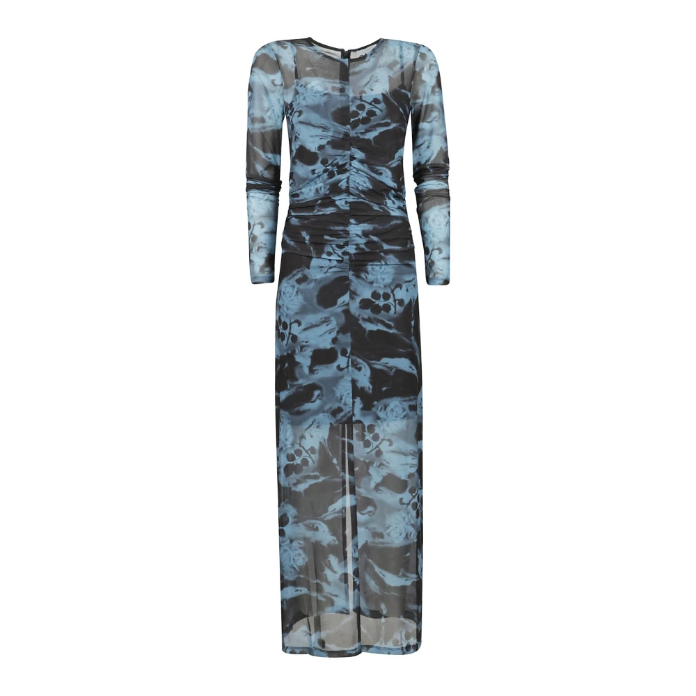 Ganni Mesh O-neck Gerimpelde Lange Jurk Blue Dames