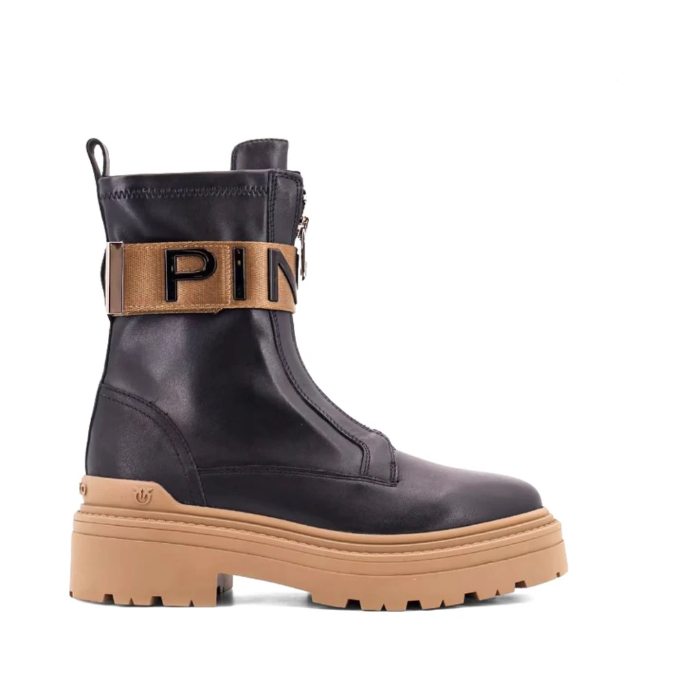 Pinko , Ankle Boots, Female, Black, 8 Uk, Black Leather Ankle Boots With Zip