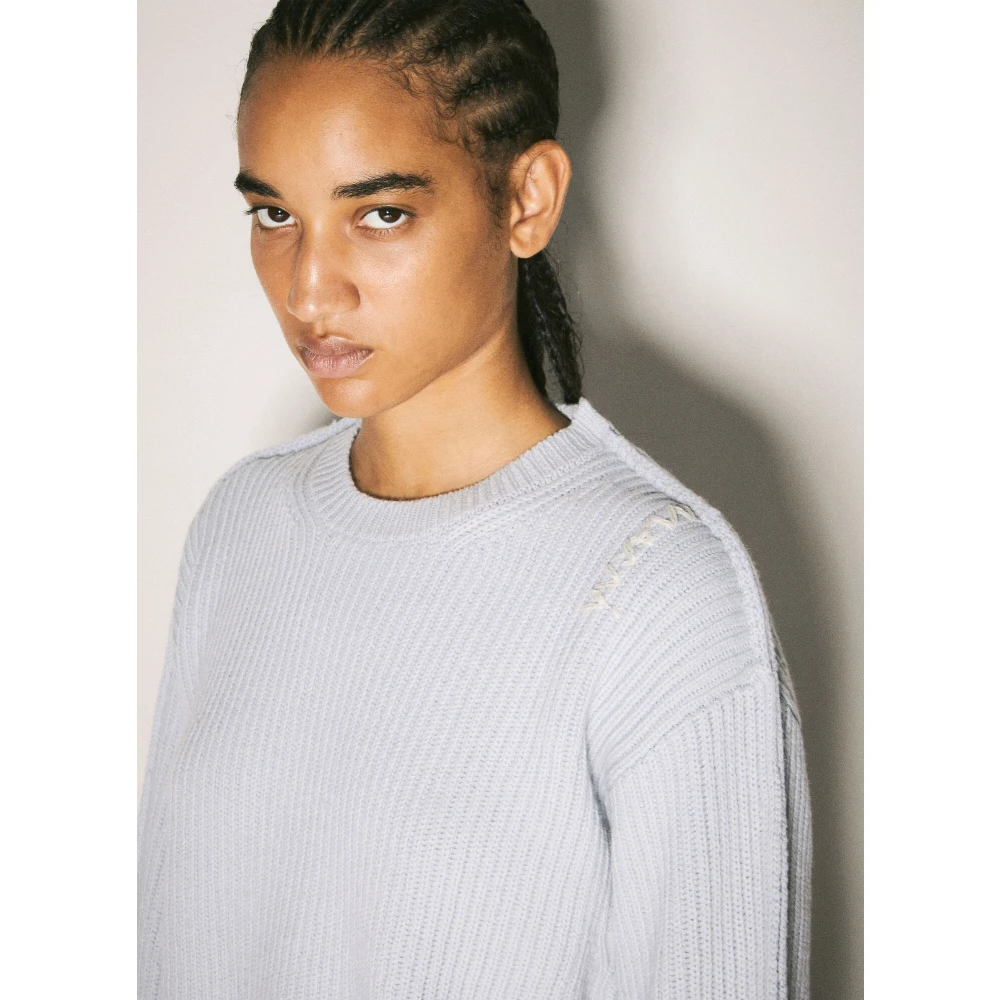 Marni Wollen Crewneck Trui Logo Stiksels Gray Dames