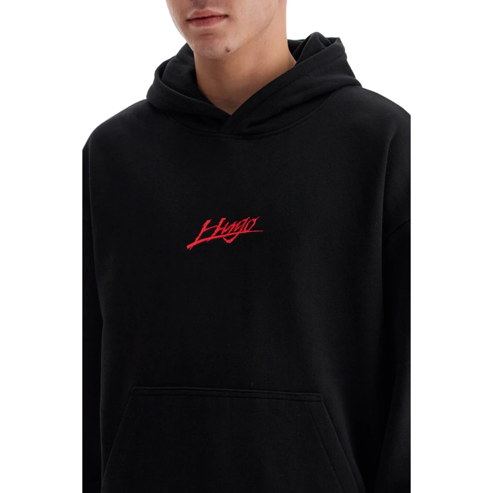 Hugo Boss Geborduurde Logo Hoodie met Kangoeroezak Black Heren