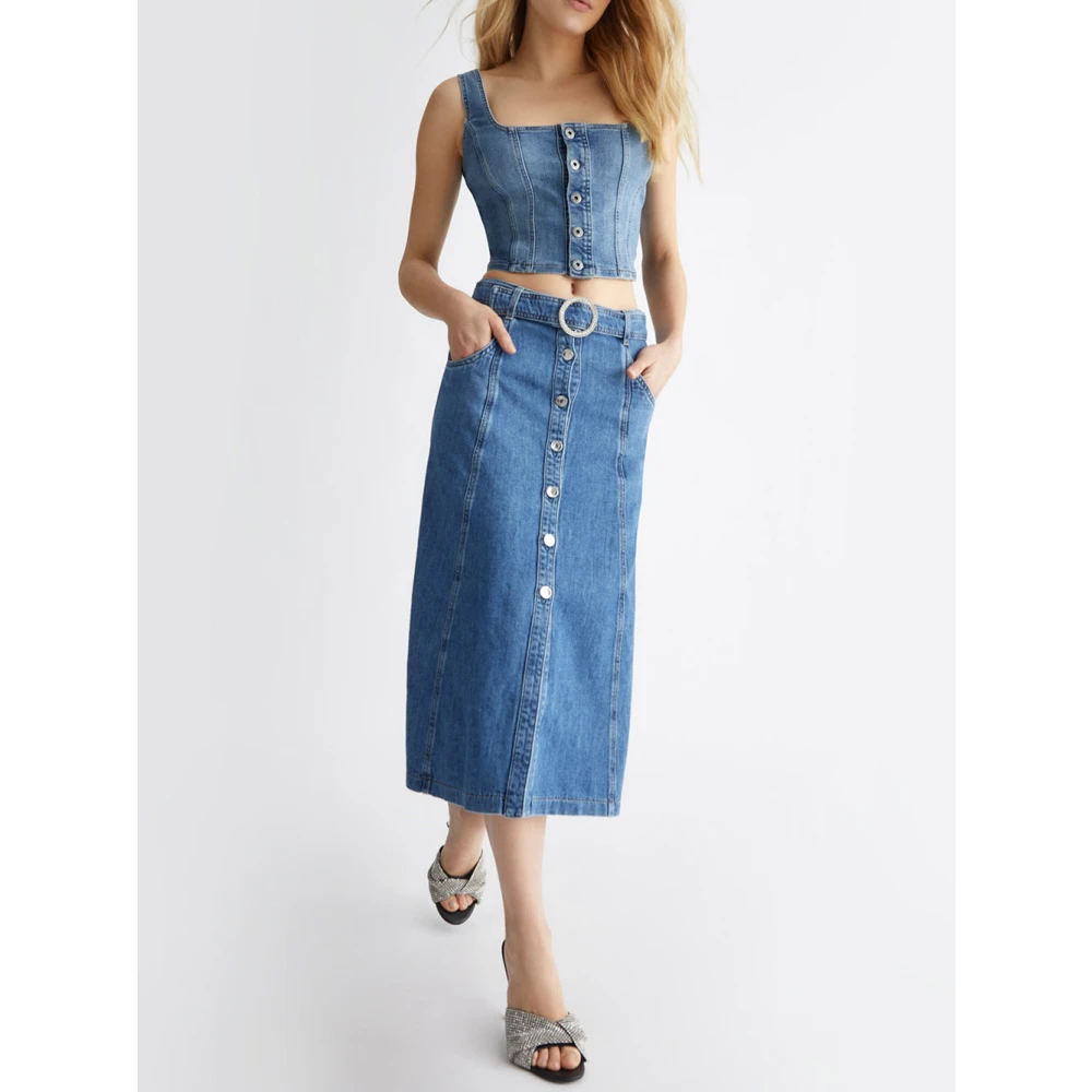 Liu Jo Denim Midi Rok met Juweelgesp Blue Dames