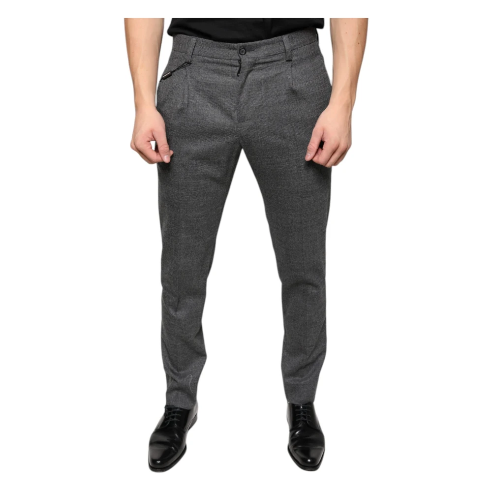 Dolce & Gabbana Men's Gray Slim-Fit Trousers, S, Grey Checkered Wool Skinny Trousers