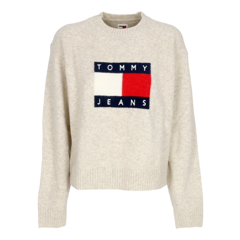 Tommy Hilfiger Women's Beige Melange Flag Jumper - Round-Neck Knitwear - Xs - Knitwear