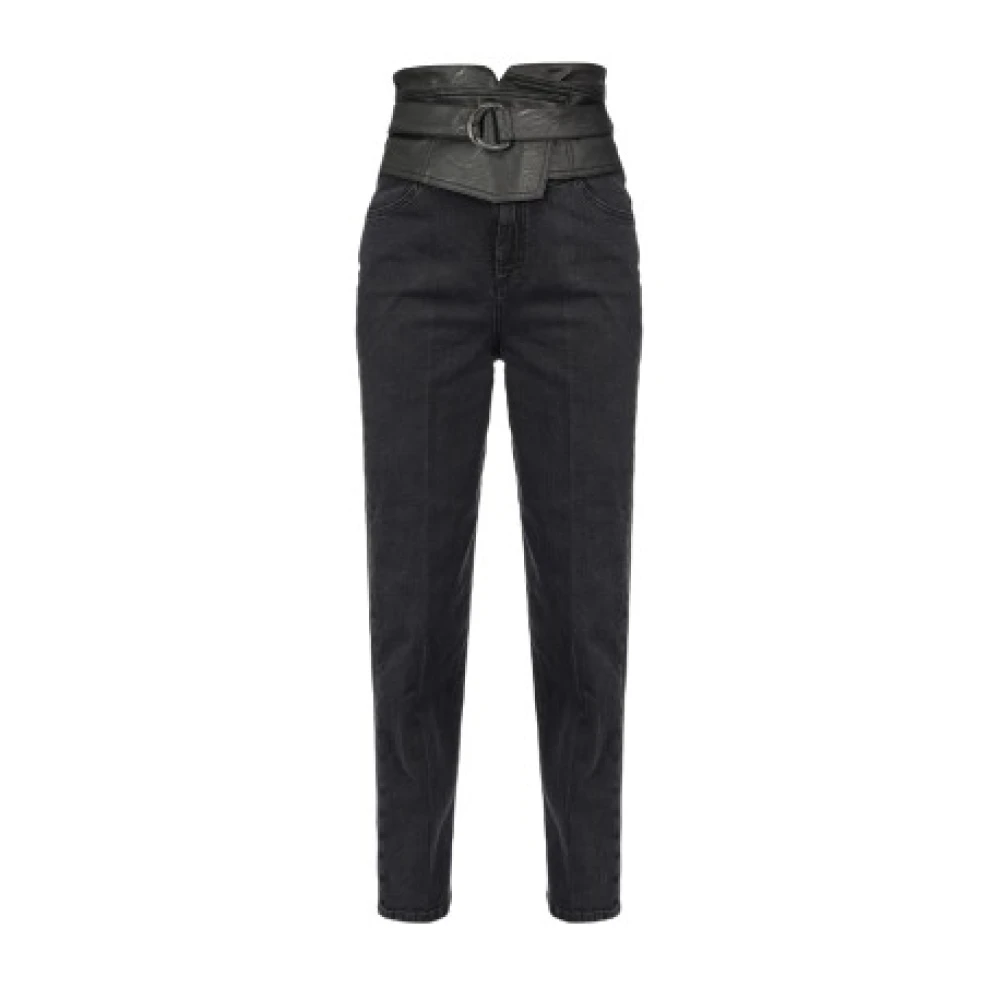 Pinko Hoge Taille Eco-Leer Inzet Slim Jeans Black Dames