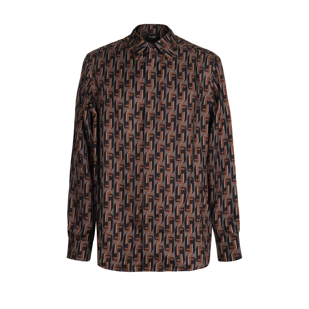 Fendi Men's Brown Silk Jacquard Logo Shirt