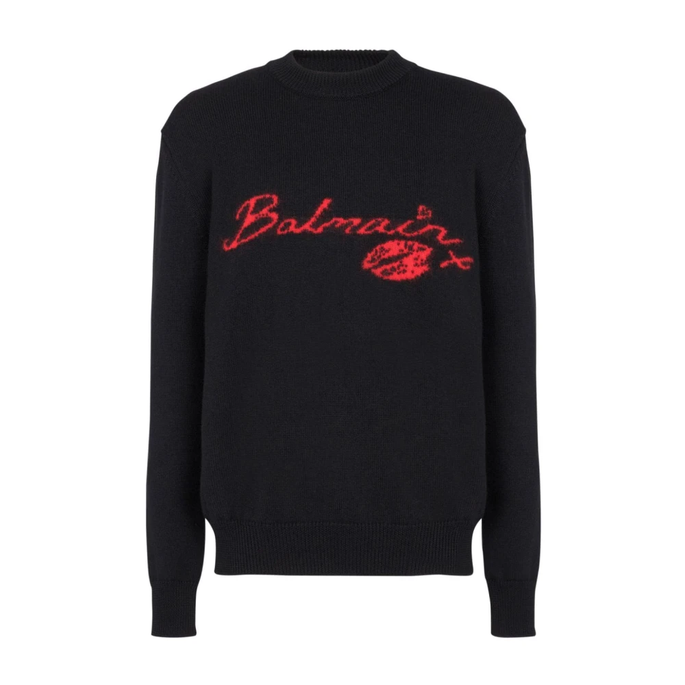 Balmain Lips Motif Logo Gebreide Trui Black Heren