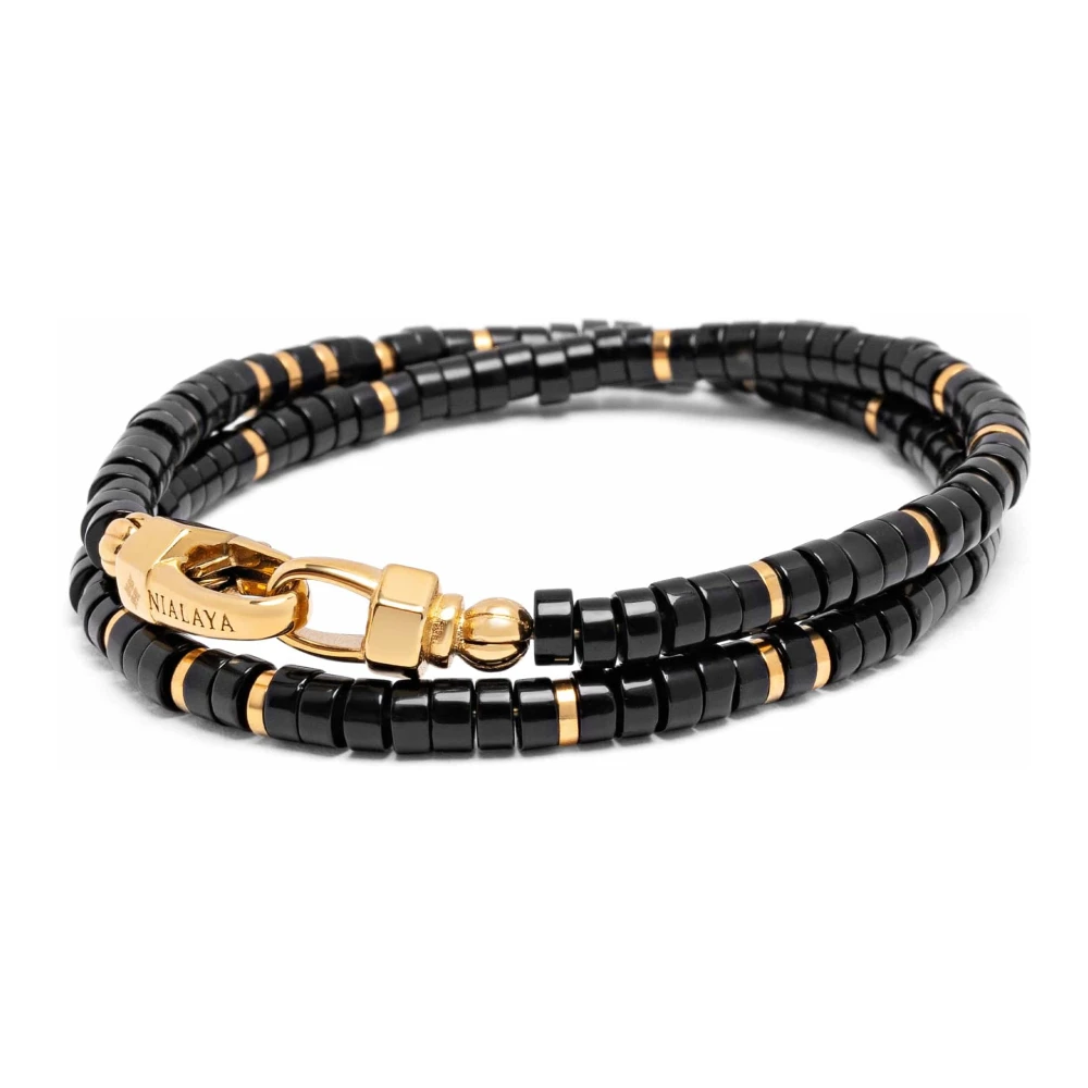 Nialaya Men's Yellow Bracelets, 2XL, Black Onyx Heishi Wrap Bracelet
