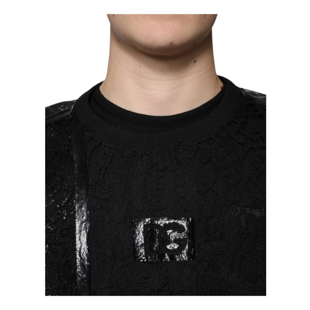 Dolce & Gabbana Zwarte Kant Crew Neck T-shirt met Logo Black Heren