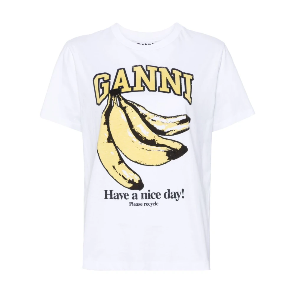Ganni T-shirt met Grafische Print en Ronde Hals White Dames