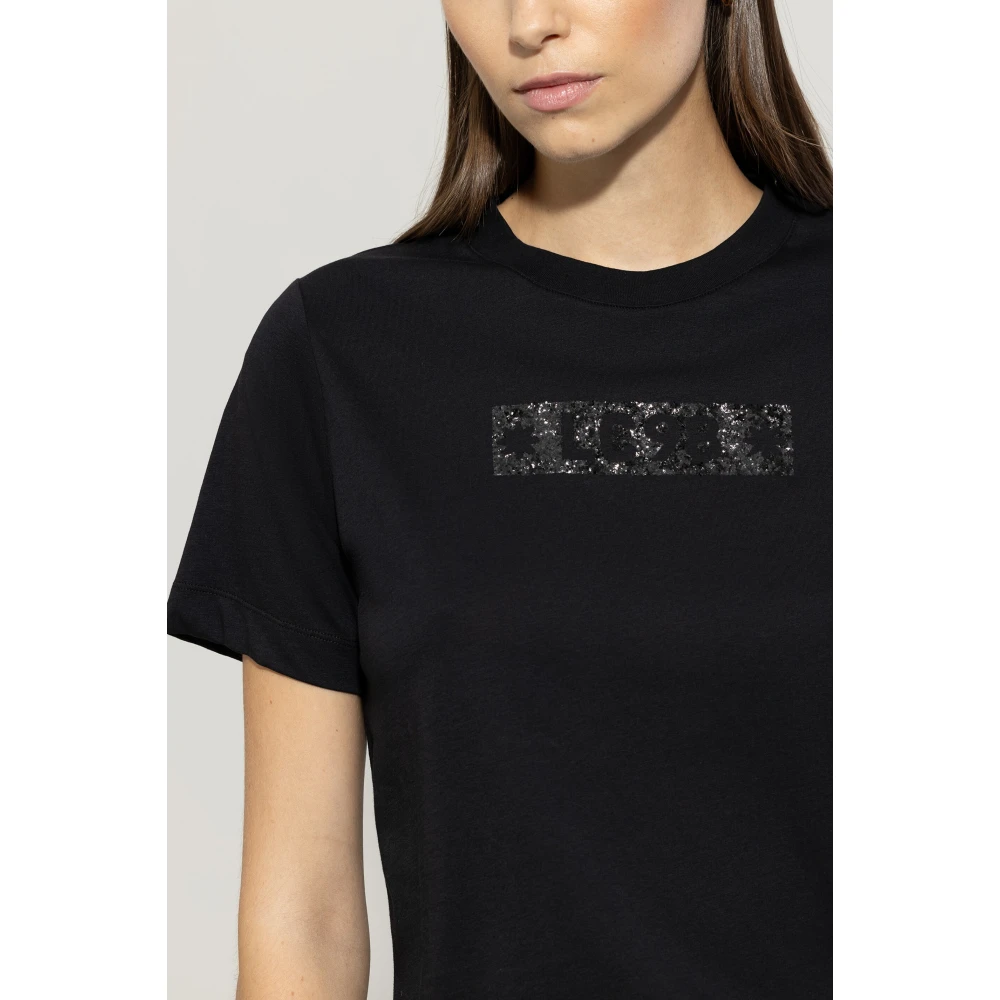 LUISA CERANO Glitter Logo T-shirt van biologisch katoen Black Dames