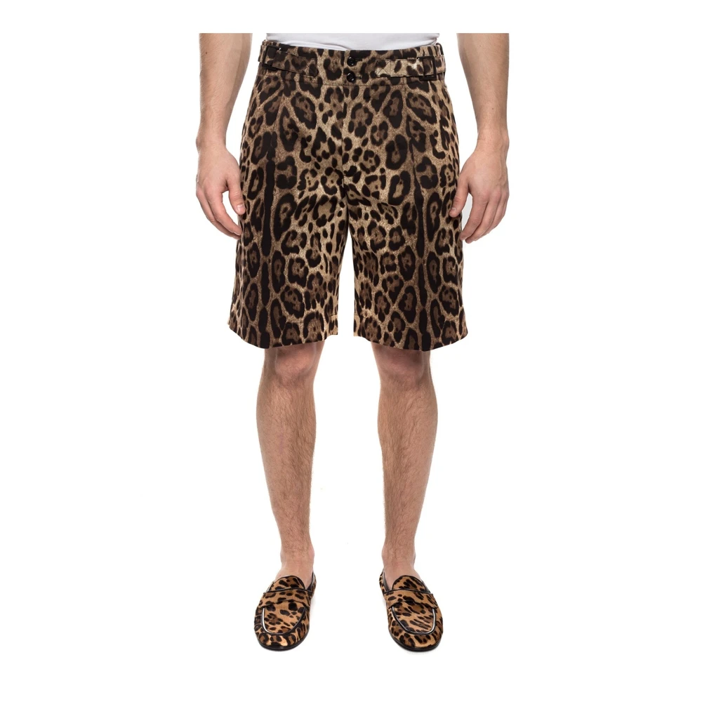 Dolce & Gabbana Katoenen Shorts met Luipaardprint Brown Heren