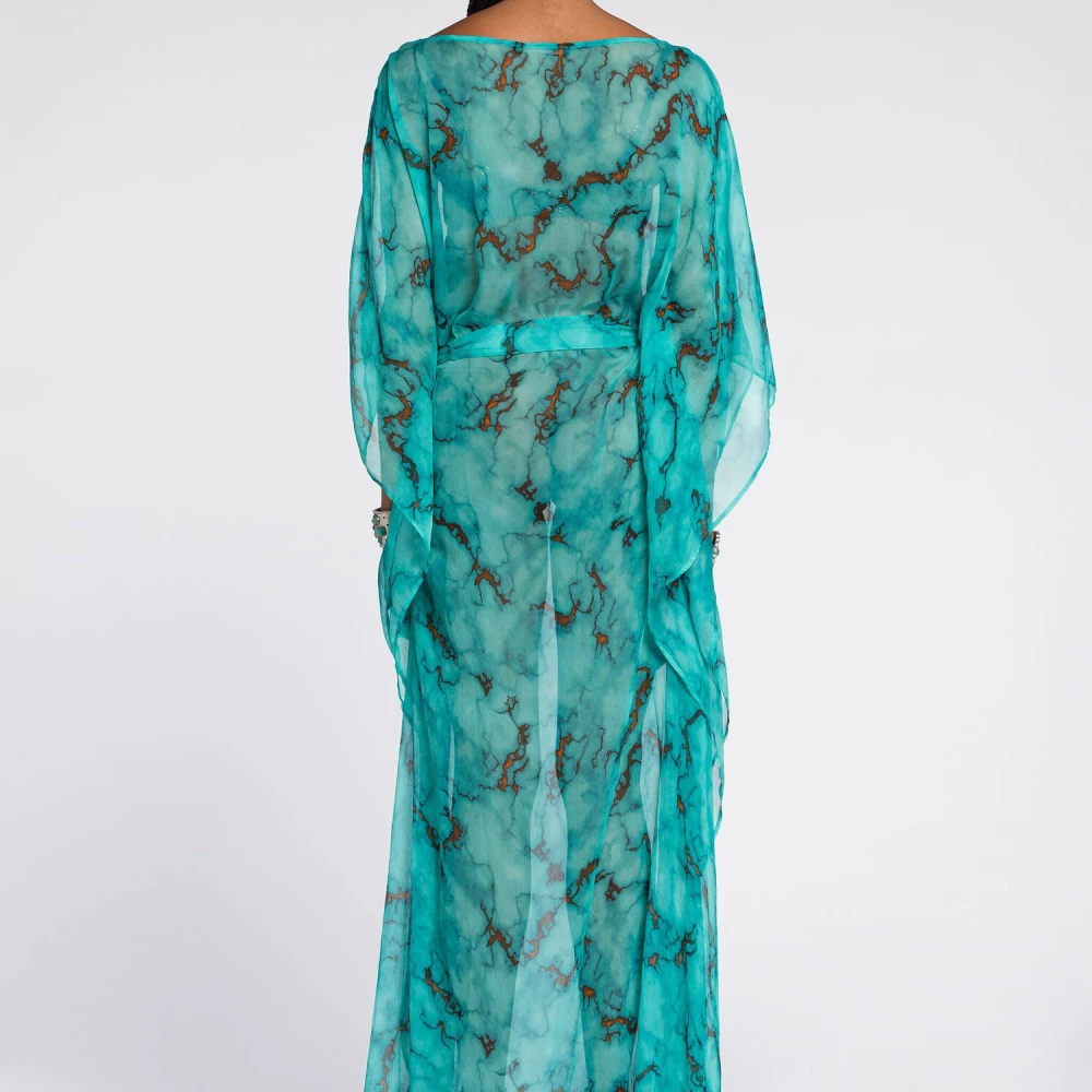 Roberto Cavalli Marmerprint Kaftan Jurk Boothals Blue Dames