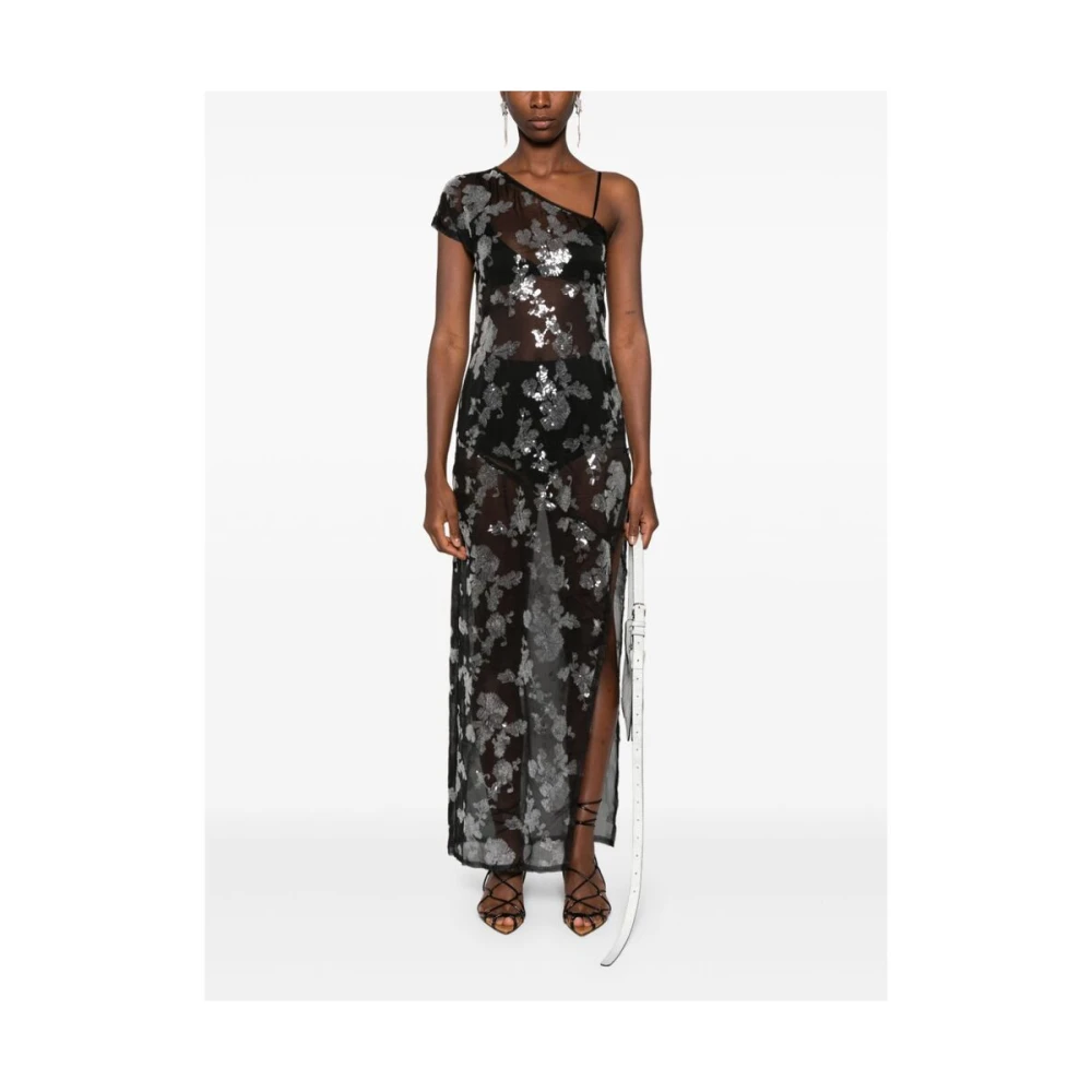 Siedrés Zwarte Bloemen Paillet Een-Schouder Jurk Black Dames