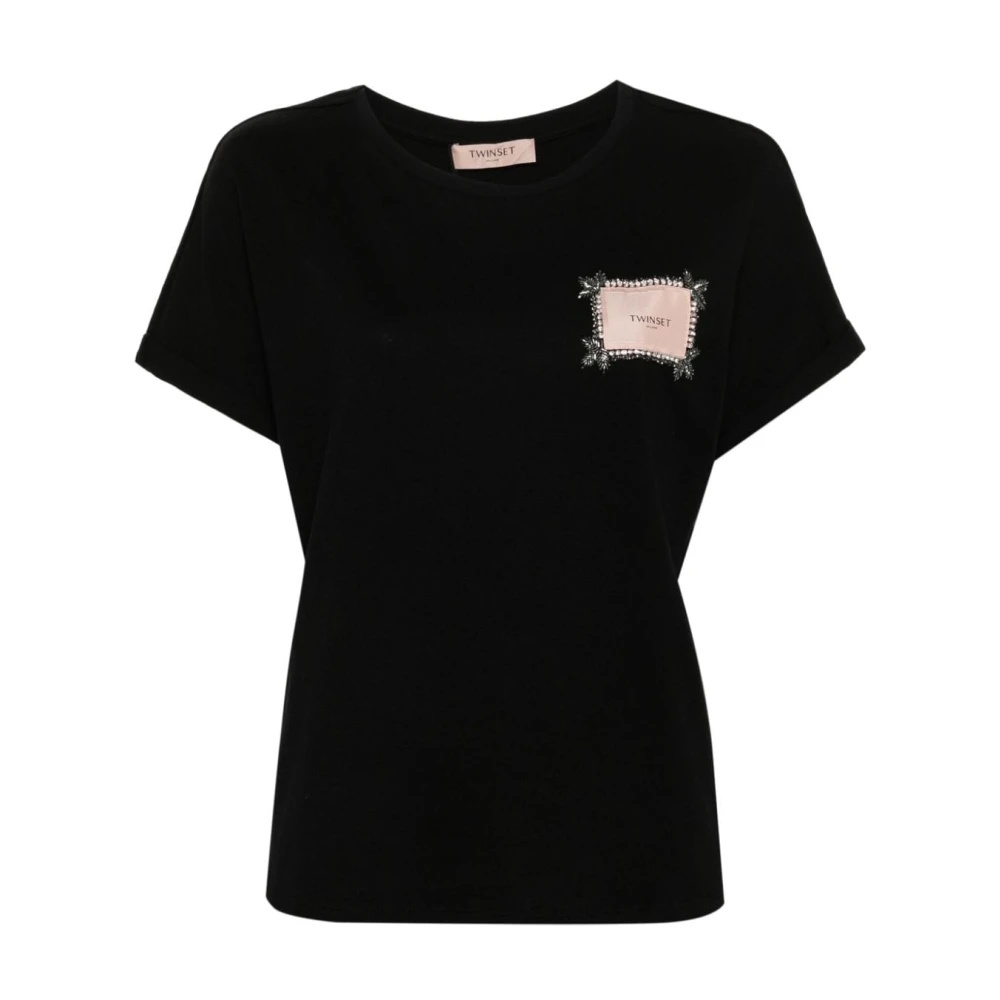 Twinset Zwart T-shirt met Logo Patch en Rhinestone Versiering Black Dames