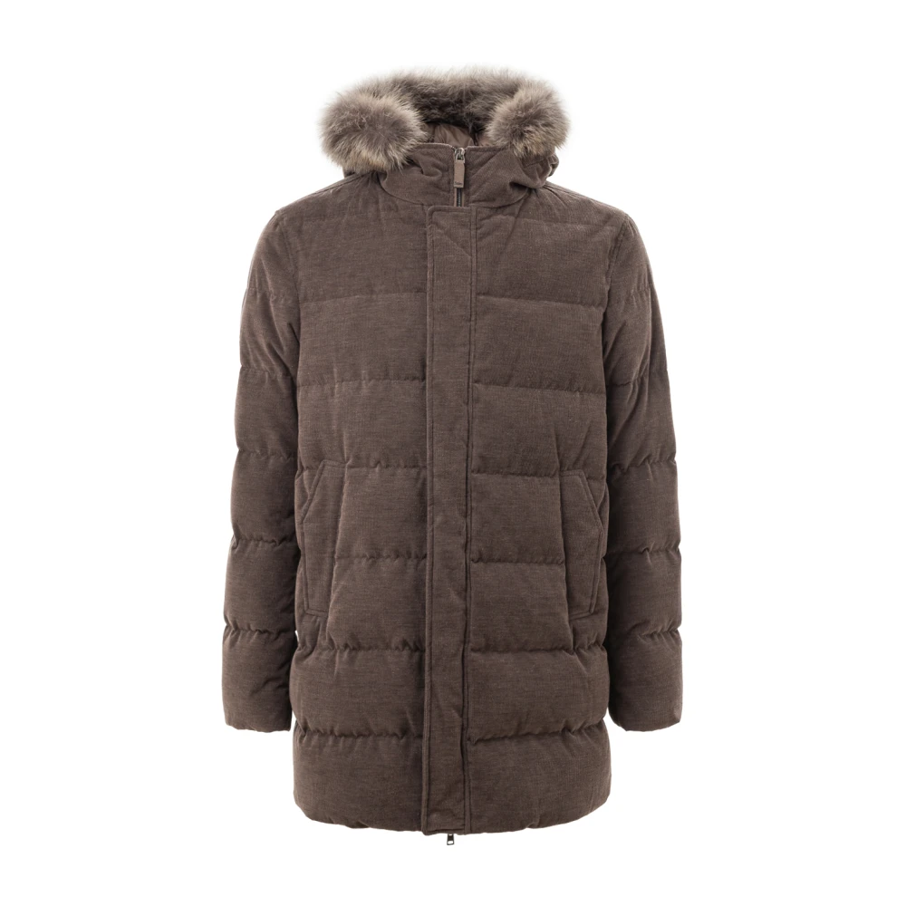 Herno Lange bomberjack met afneembare bontkraag Brown Heren