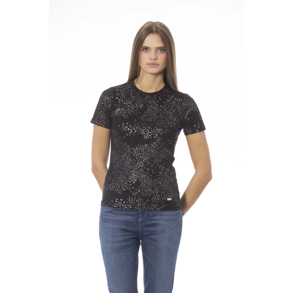 Baldinini Gestreept T-shirt met Metalen Monogram Black Dames