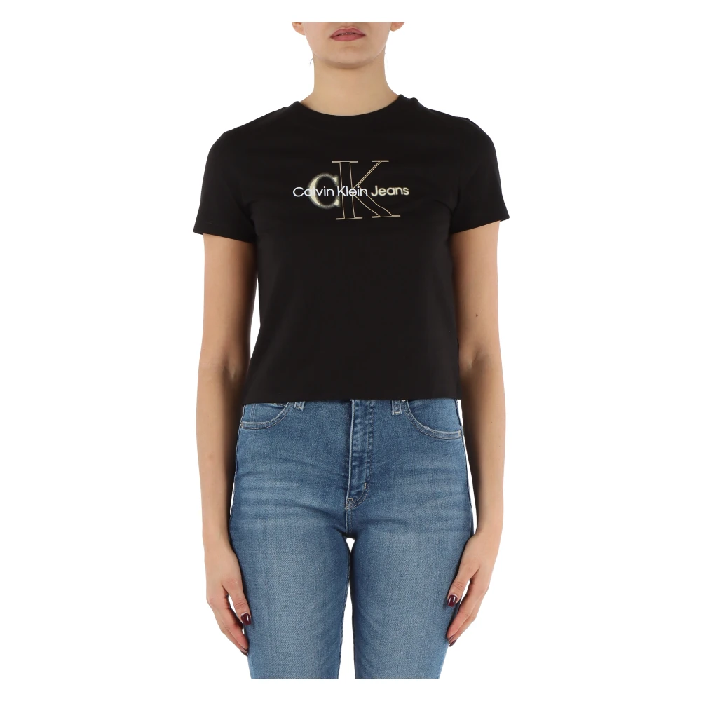 Calvin Klein Jeans Cropped T-shirt van katoen met voorlogo Black Dames