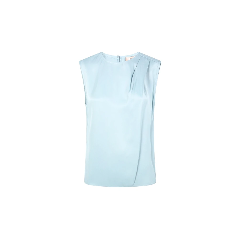 Twinset Women's Blue Sleeveless Tops, 2XL, Satin Sleeveless Top With Draped Shoulder