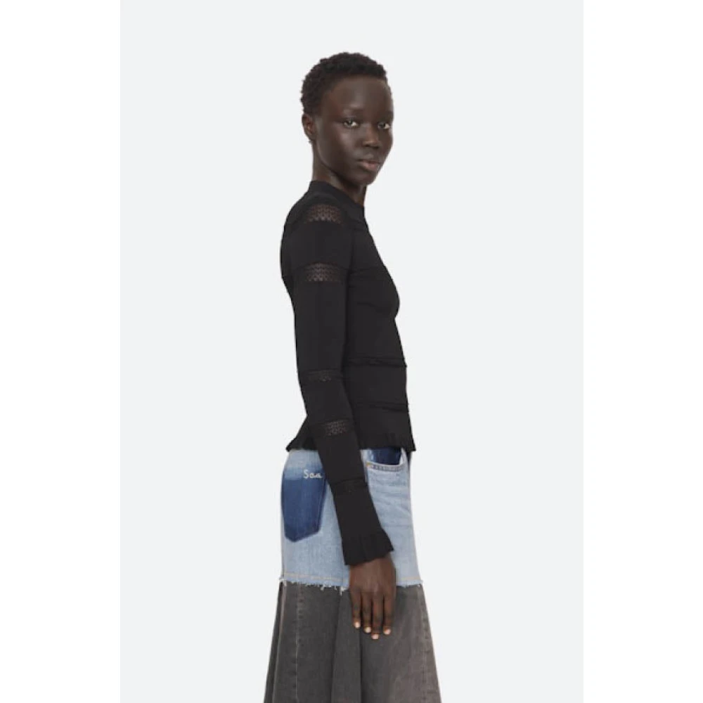 Sea NY Gebreide korte mouw top met transparante accenten Black Dames