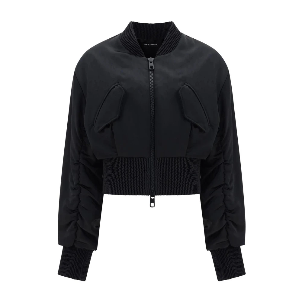 Dolce & Gabbana Women's Black Cropped Bomber Jacket With Gold Accents - Bomber Jackets - S - Jackets