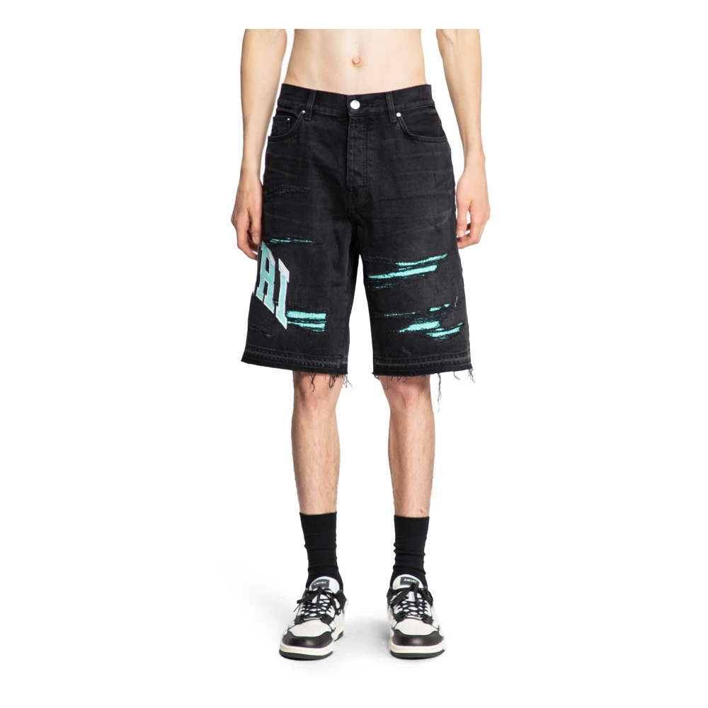 Amiri Distressed Logo Repair Denim Shorts Black Heren