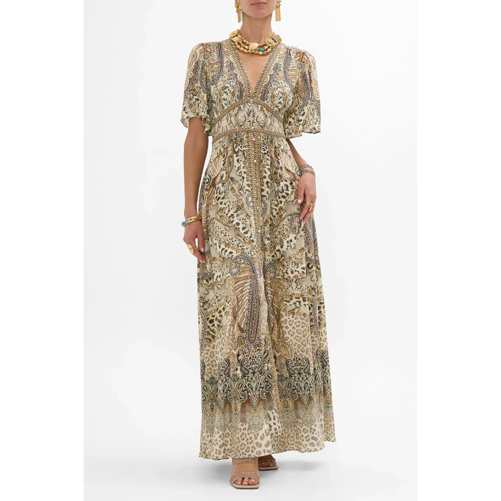 Camilla Zijden jurk met vlindermouwen Majestueuze vleugel Beige Dames