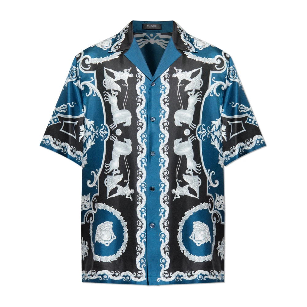Versace Herren Blau Seiden Kurzarmhemd