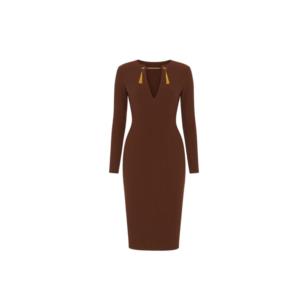 Elisabetta Franchi Brown Midi Dresses, Female, L, Dress In Lightweight Crêpe Fabric With Jewel Chain