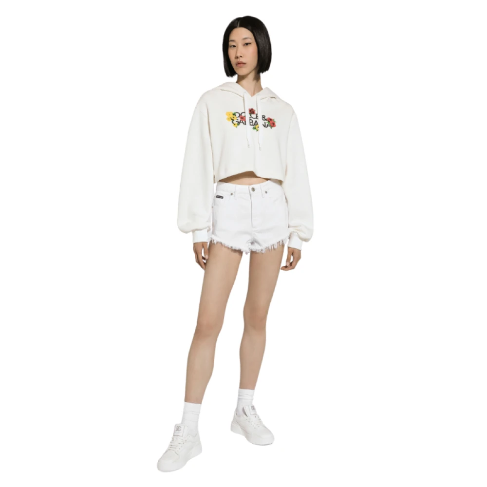 Dolce & Gabbana Bloemenprint Crop Hoodie White Dames