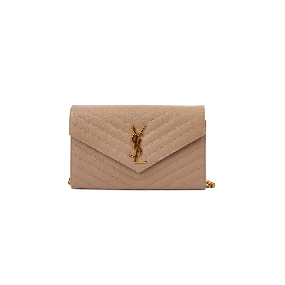 Saint Laurent Monogram Chain Wallet In Grain De Poudre Embossed Leather Beige Dames