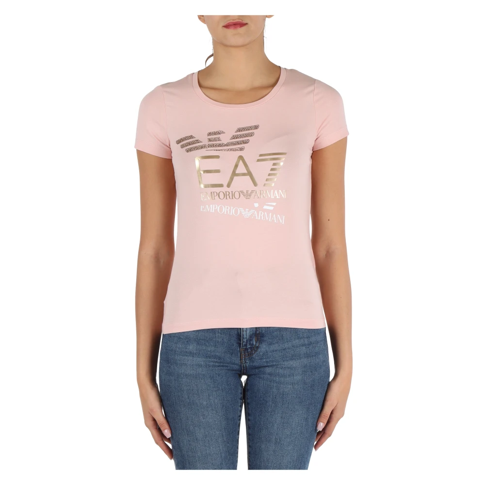 Emporio Armani EA7 Stretch Katoenen T-shirt met Voorlogo Print Pink Dames